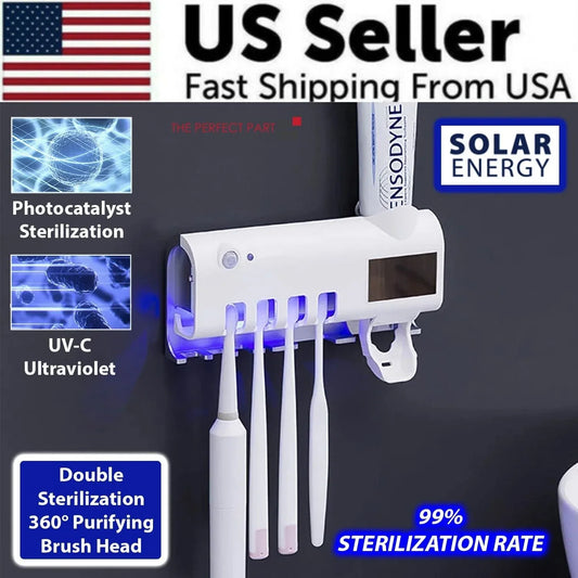 UV Light Toothbrush Sterilizer & Automatic Toothpaste Dispenser | Wall Mounted Bathroom Organizer | Kills 99.99% Germs